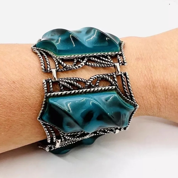 Wide Chunky Marbleized Thermoset Lucite Bracelet Vintage 2 1/4" wide / 7" Long - Picture 1 of 10